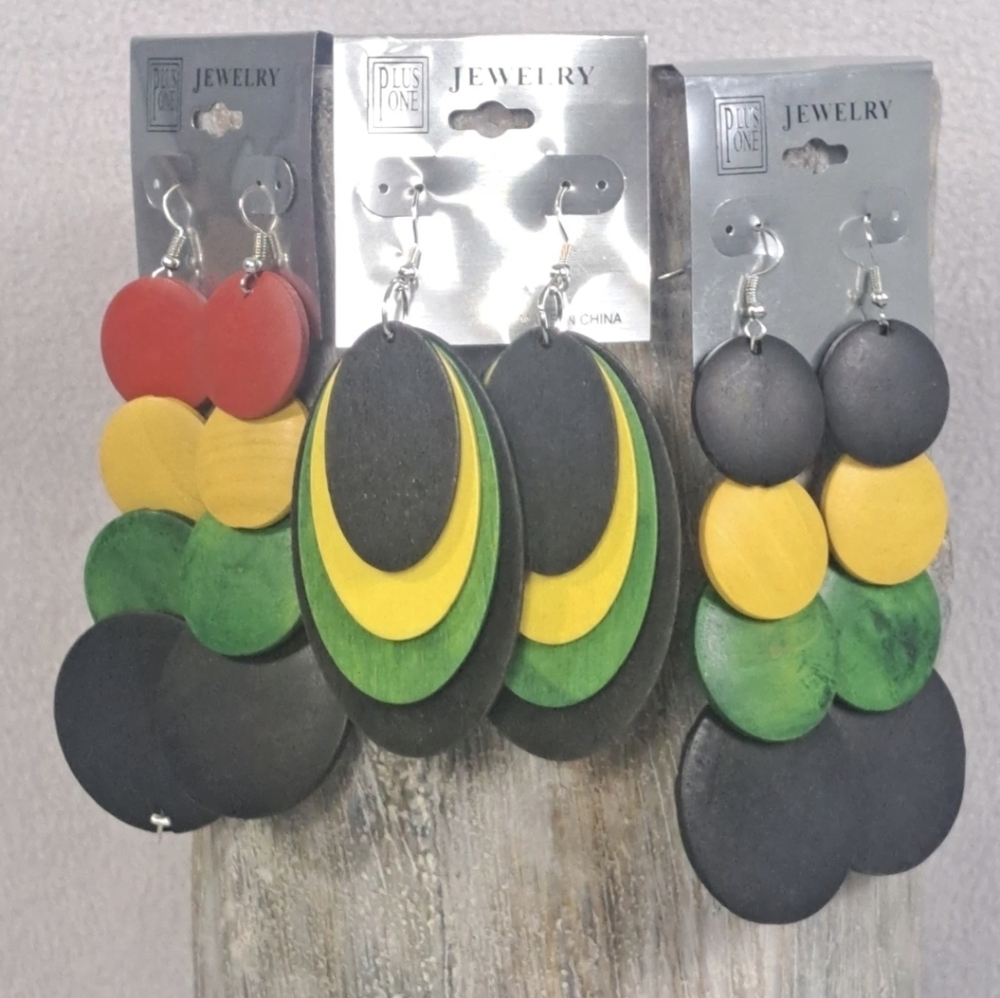 Wooded Earrings Set x3 Reggae Boho Lightweight 4” Natural Style
